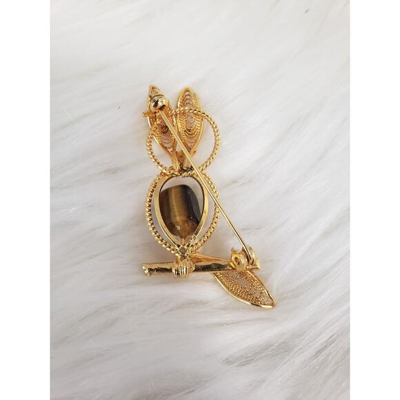 STUNNING Vintage Owl Brooch MCM Tiger Eye Gemstone Faux Pearl Gold Tone Filigree - Picture 4 of 4